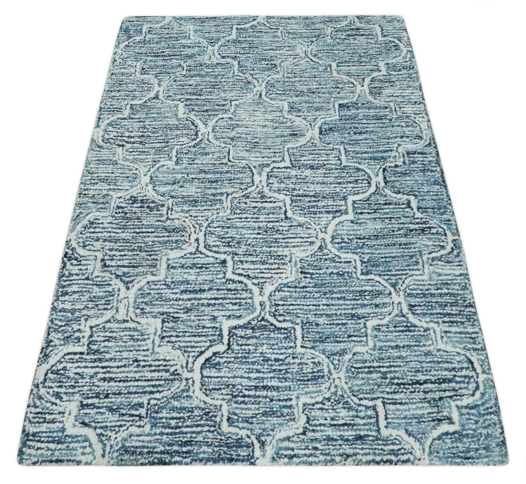Silver, Blue and Ivory Modern Geometric Hand Tufted 2x3, 3x5, 5x8, 6x9, 8x10 and 9x12 Natural Wool Area Rug | UL55 - The Rug Decor
