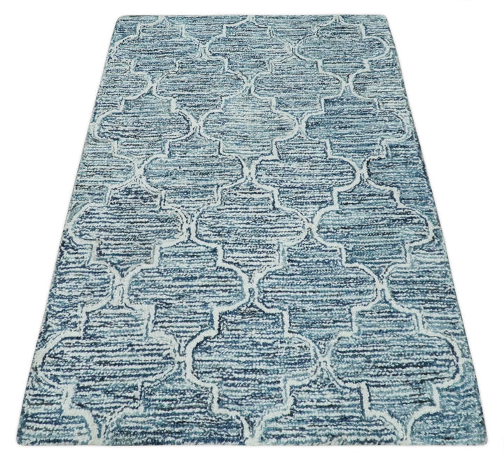 Silver, Blue and Ivory Modern Geometric Hand Tufted 2x3, 3x5, 5x8, 6x9, 8x10 and 9x12 Natural Wool Area Rug | UL55 - The Rug Decor