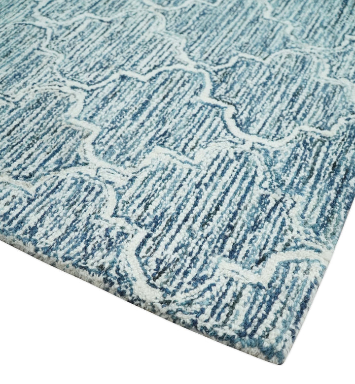 Silver, Blue and Ivory Modern Geometric Hand Tufted 2x3, 3x5, 5x8, 6x9, 8x10 and 9x12 Natural Wool Area Rug | UL55 - The Rug Decor