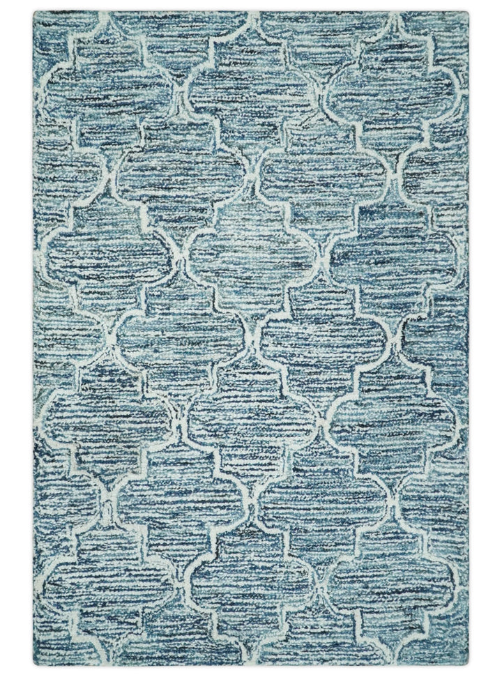 Silver, Blue and Ivory Modern Geometric Hand Tufted 2x3, 3x5, 5x8, 6x9, 8x10 and 9x12 Natural Wool Area Rug | UL55 - The Rug Decor
