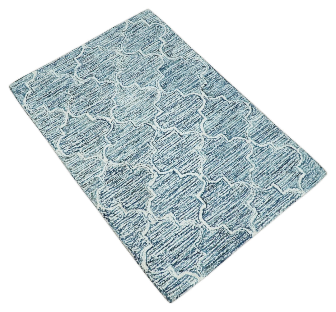 Silver, Blue and Ivory Modern Geometric Hand Tufted 2x3, 3x5, 5x8, 6x9, 8x10 and 9x12 Natural Wool Area Rug | UL55 - The Rug Decor