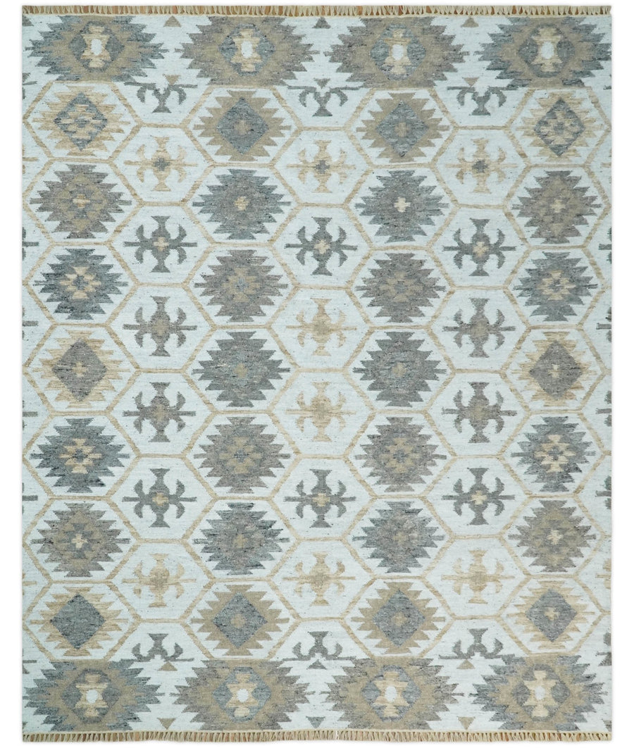 Silver, Brown and Gray Kilim Rug made with Fine wool and Viscose | SE4 - The Rug Decor