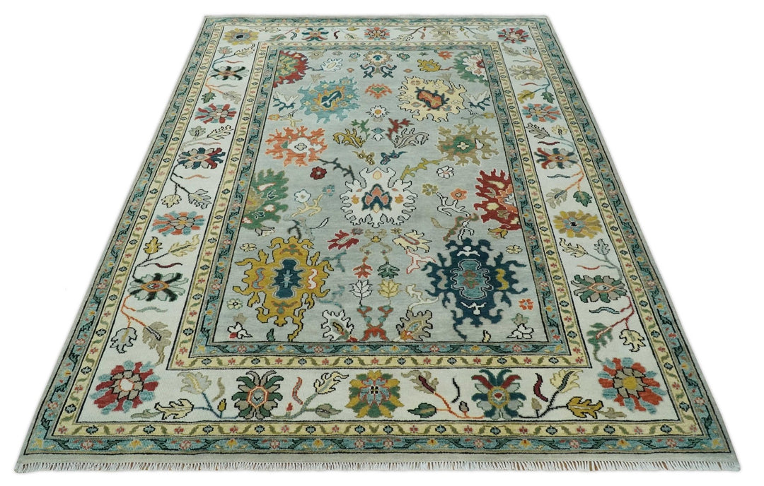 Silver, Ivory and Beige vibrant Colorful Hand knotted 8x10 and 9x12 Traditional Oushak wool Rug - The Rug Decor