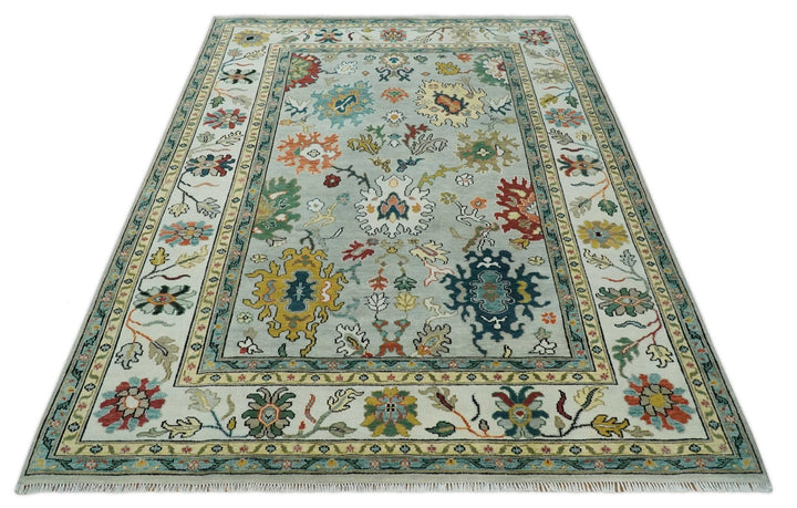 Silver, Ivory and Beige vibrant Colorful Hand knotted 8x10 and 9x12 Traditional Oushak wool Rug - The Rug Decor