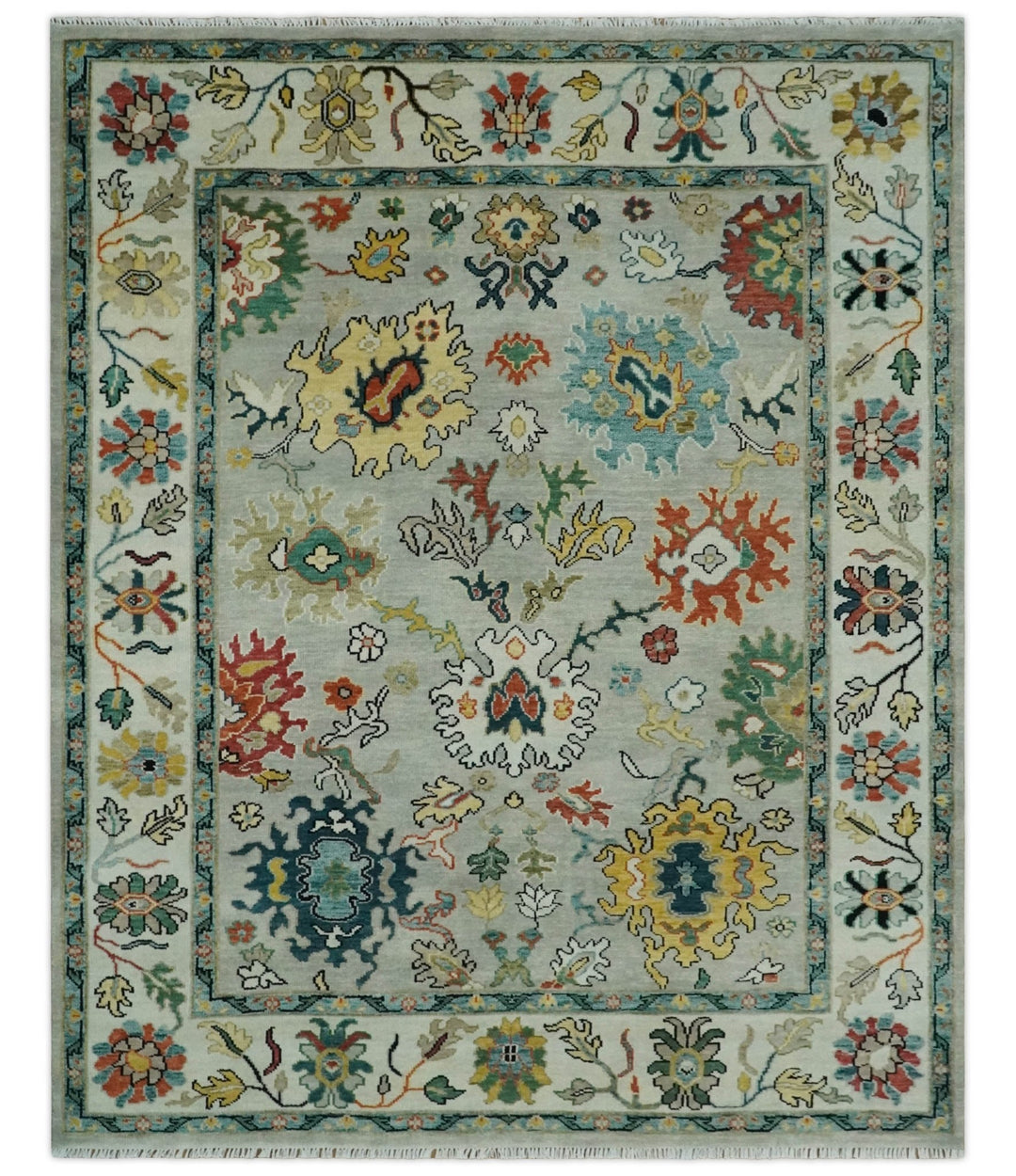 Silver, Ivory and Beige vibrant Colorful Hand knotted 8x10 and 9x12 Traditional Oushak wool Rug - The Rug Decor