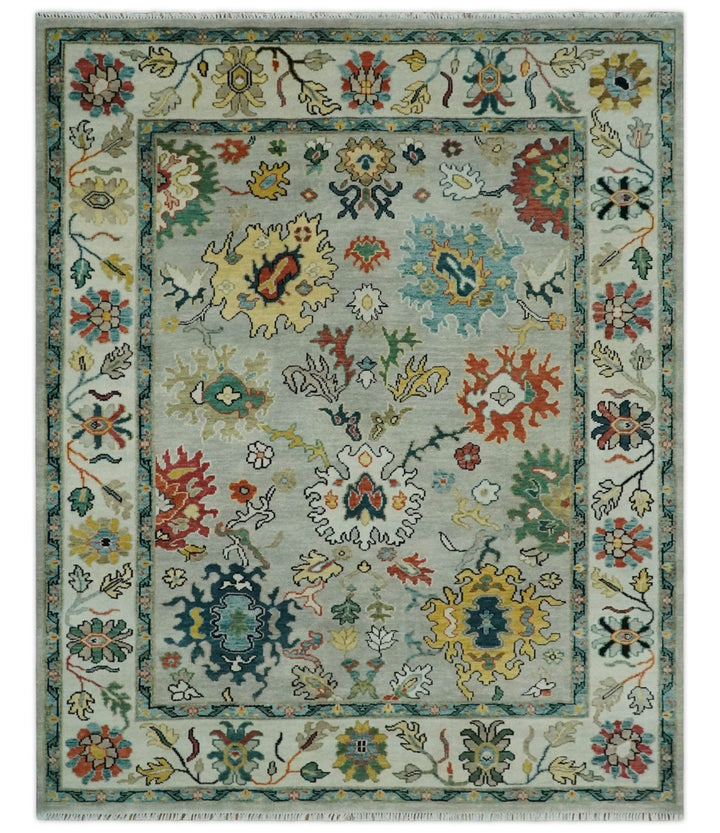 Silver, Ivory and Beige vibrant Colorful Hand knotted 8x10 and 9x12 Traditional Oushak wool Rug - The Rug Decor