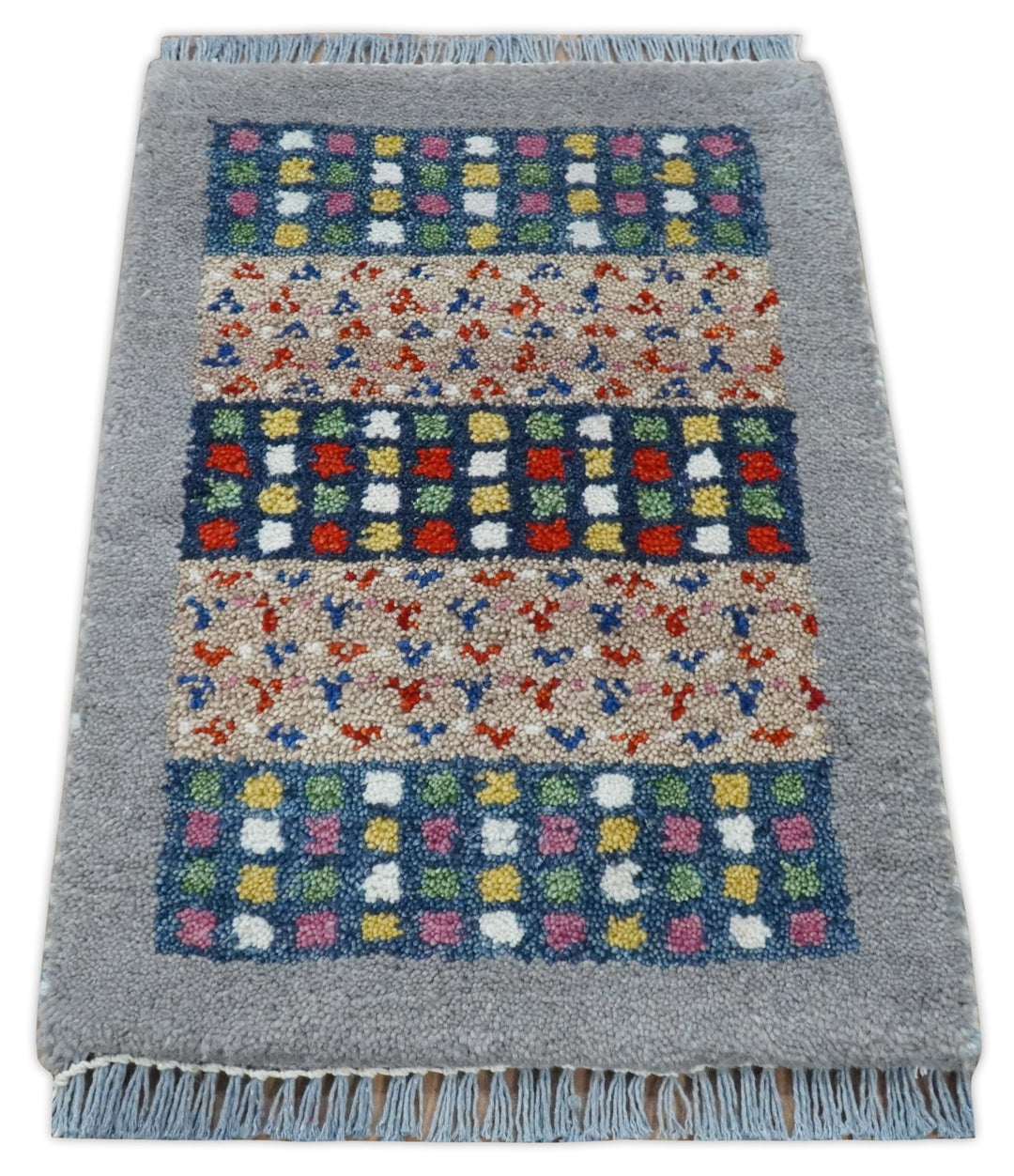 Small 1.5x2 Gray, Blue and Camel Wool Hand Knotted traditional Vintage Antique Southwestern Tribal Gabbeh | TRDCP566152 - The Rug Decor
