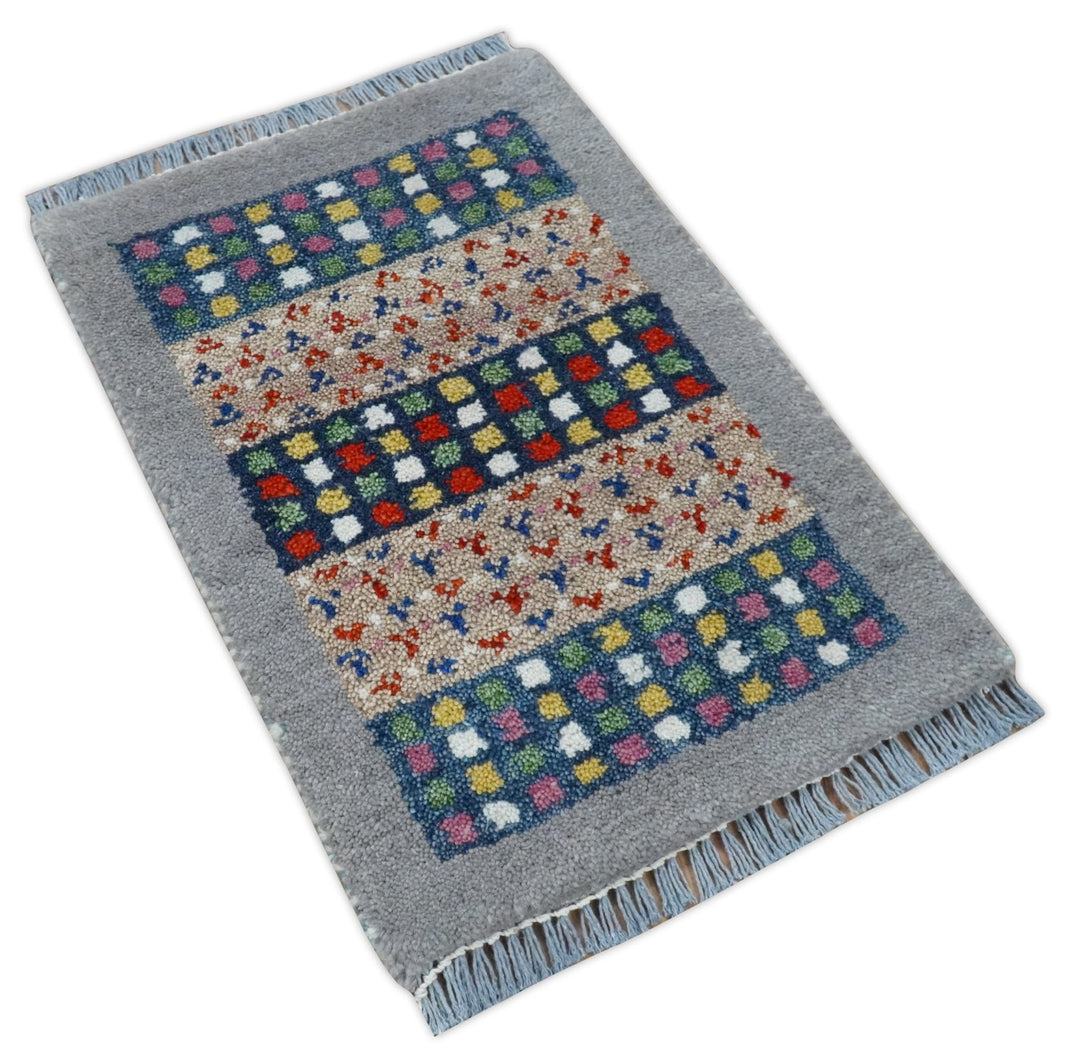 Small 1.5x2 Gray, Blue and Camel Wool Hand Knotted traditional Vintage Antique Southwestern Tribal Gabbeh | TRDCP566152 - The Rug Decor