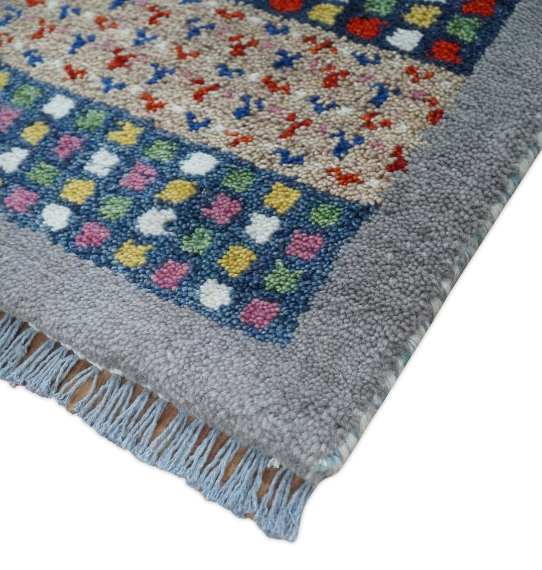 Small 1.5x2 Gray, Blue and Camel Wool Hand Knotted traditional Vintage Antique Southwestern Tribal Gabbeh | TRDCP566152 - The Rug Decor