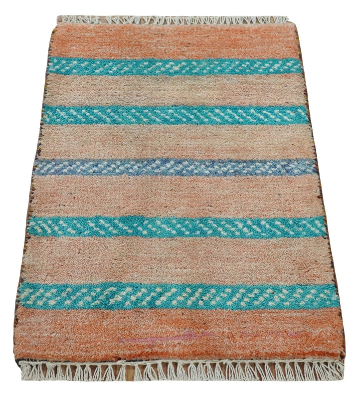Small 1.5x2 Peach and Blue Wool Hand Knotted traditional Persian Vintage Antique Southwestern Gabbeh Rug| TRDCP347152 - The Rug Decor