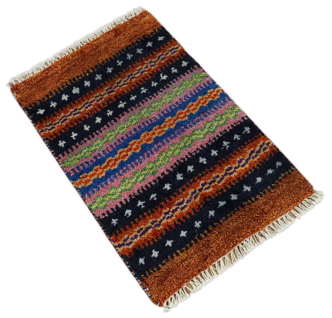 Small 1.5x2 Rust and Blue Wool Hand Knotted traditional Persian Vintage Antique Scandinavian Gabbeh Rug| TRDCP315152 - The Rug Decor