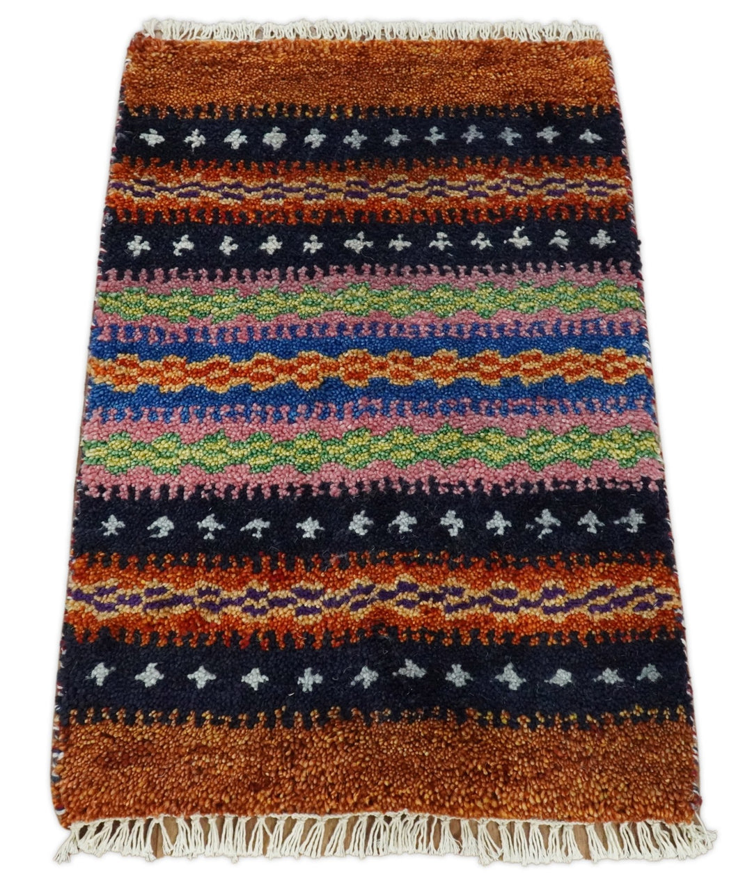 Small 1.5x2 Rust and Blue Wool Hand Knotted traditional Persian Vintage Antique Scandinavian Gabbeh Rug| TRDCP315152 - The Rug Decor