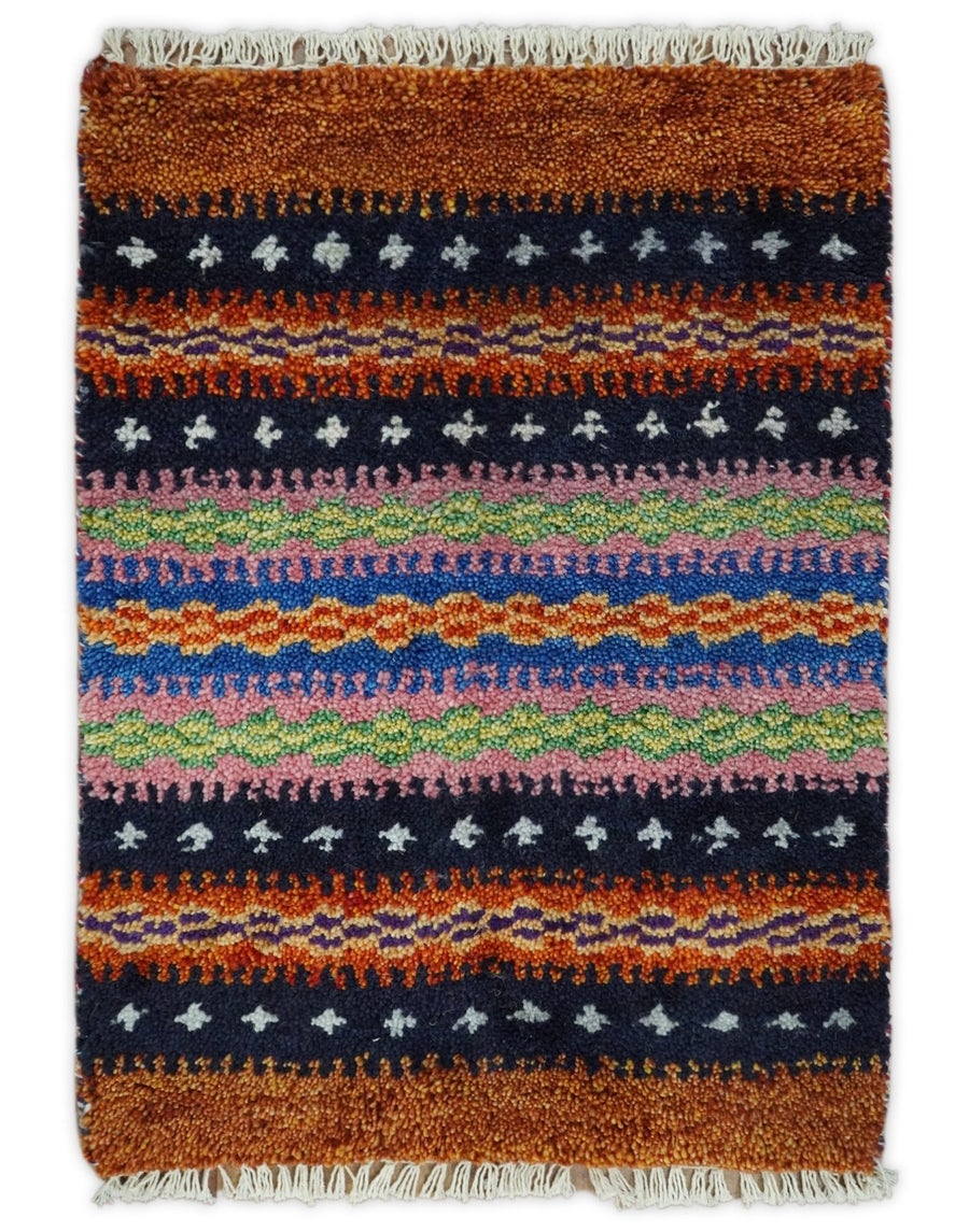 Small 1.5x2 Rust and Blue Wool Hand Knotted traditional Persian Vintage Antique Scandinavian Gabbeh Rug| TRDCP315152 - The Rug Decor