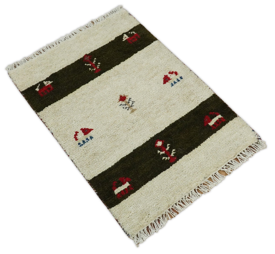 Small 1.5x2 White and Brown Wool Hand Knotted traditional Vintage Antique Southwestern Tribal Gabbeh | TRDCP356152 - The Rug Decor