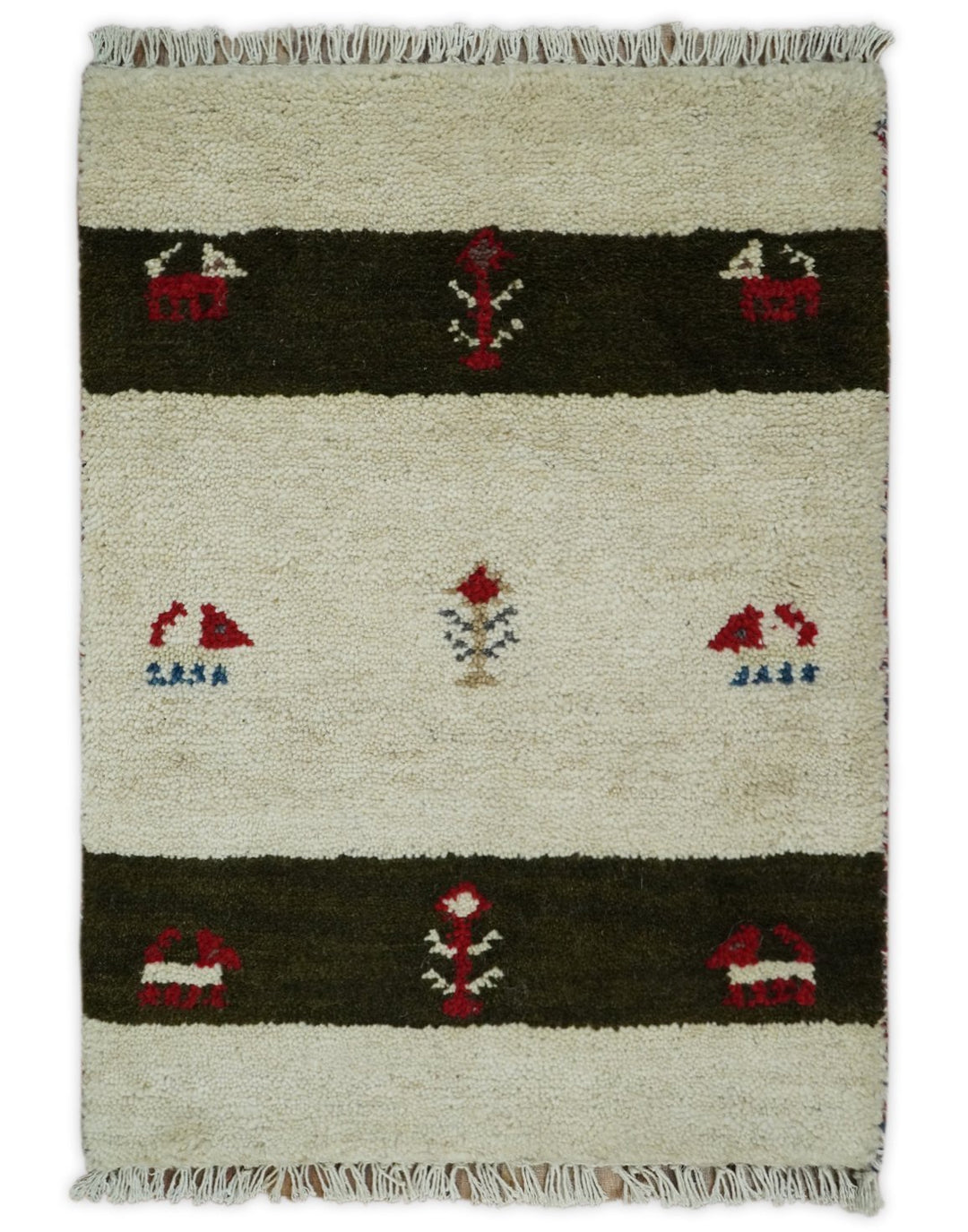 Small 1.5x2 White and Brown Wool Hand Knotted traditional Vintage Antique Southwestern Tribal Gabbeh | TRDCP356152 - The Rug Decor