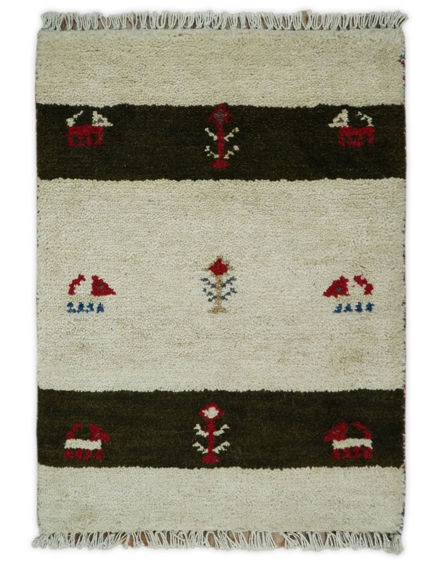 Small 1.5x2 White and Brown Wool Hand Knotted traditional Vintage Antique Southwestern Tribal Gabbeh | TRDCP356152 - The Rug Decor