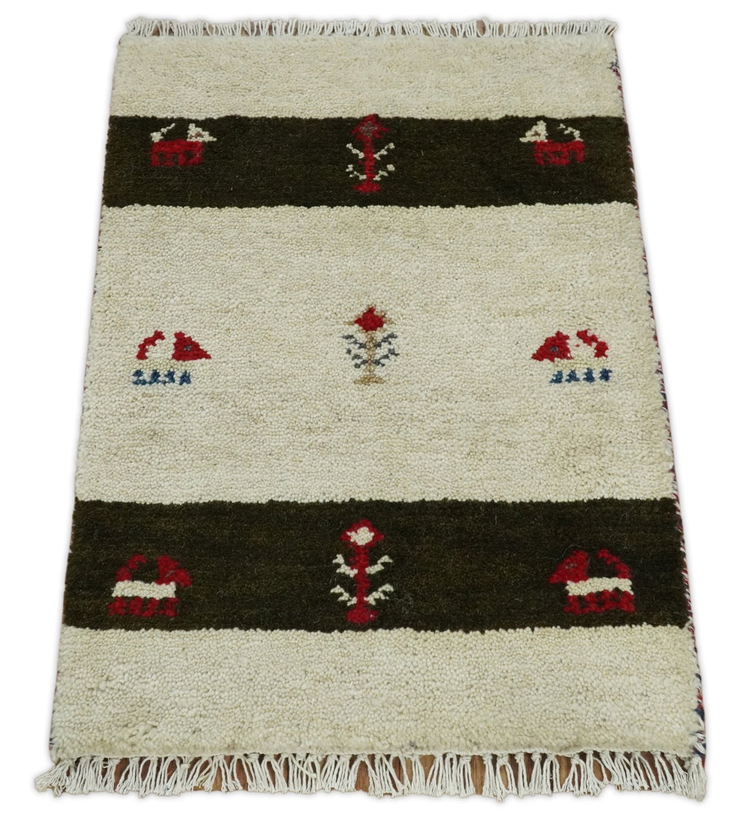 Small 1.5x2 White and Brown Wool Hand Knotted traditional Vintage Antique Southwestern Tribal Gabbeh | TRDCP356152 - The Rug Decor