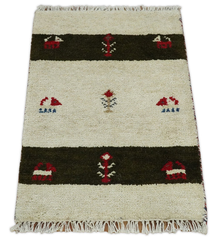Small 1.5x2 White and Brown Wool Hand Knotted traditional Vintage Antique Southwestern Tribal Gabbeh | TRDCP356152 - The Rug Decor