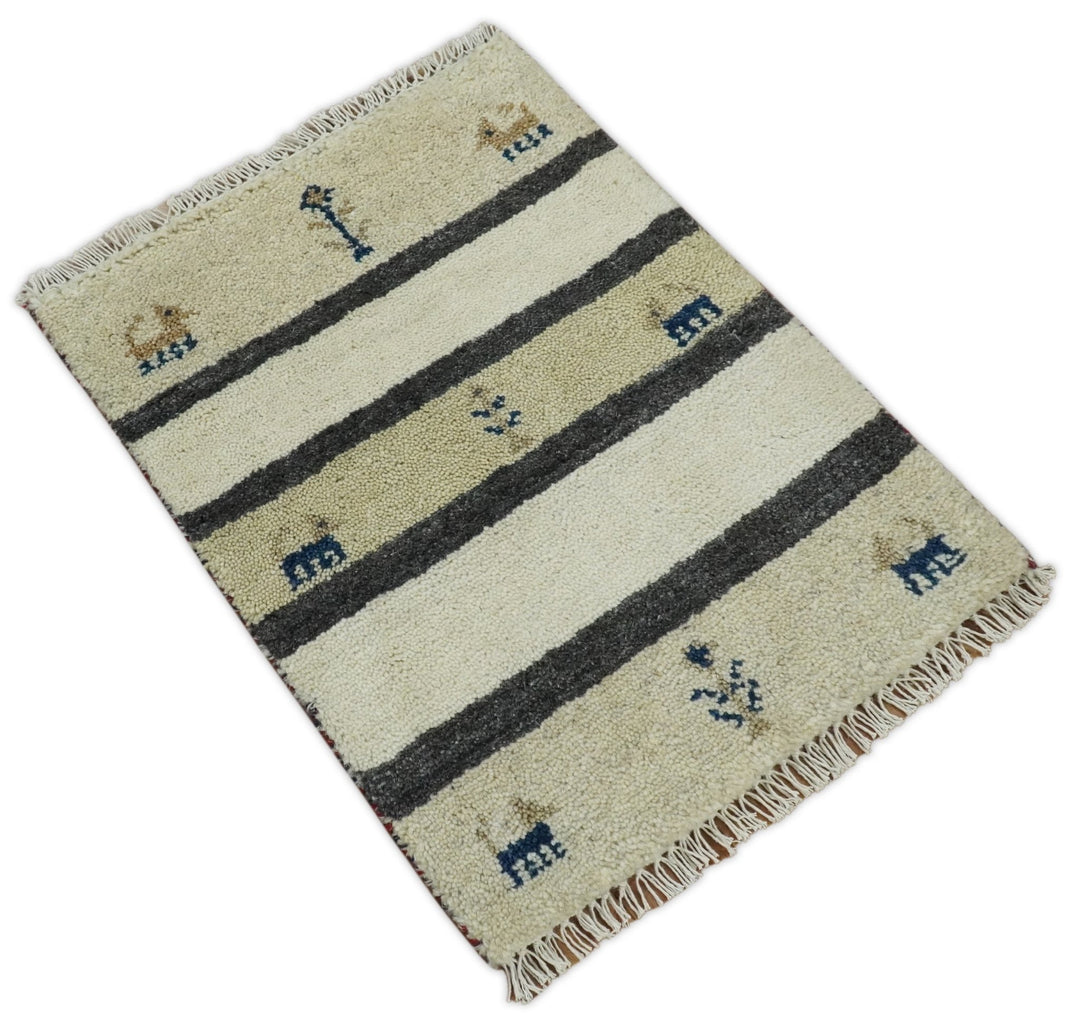 Small 1.5x2 White and Gray Wool Hand Knotted traditional Vintage Antique Southwestern Tribal Gabbeh | TRDCP357152 - The Rug Decor