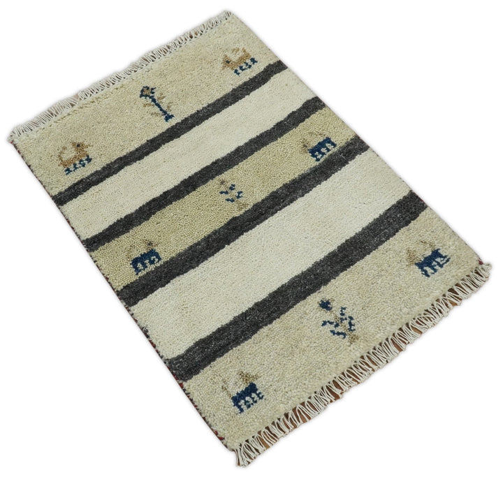 Small 1.5x2 White and Gray Wool Hand Knotted traditional Vintage Antique Southwestern Tribal Gabbeh | TRDCP357152 - The Rug Decor