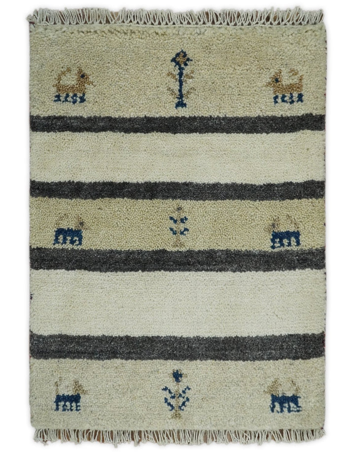 Small 1.5x2 White and Gray Wool Hand Knotted traditional Vintage Antique Southwestern Tribal Gabbeh | TRDCP357152 - The Rug Decor