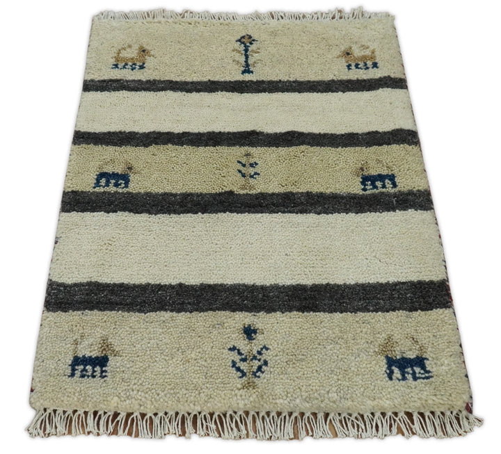 Small 1.5x2 White and Gray Wool Hand Knotted traditional Vintage Antique Southwestern Tribal Gabbeh | TRDCP357152 - The Rug Decor