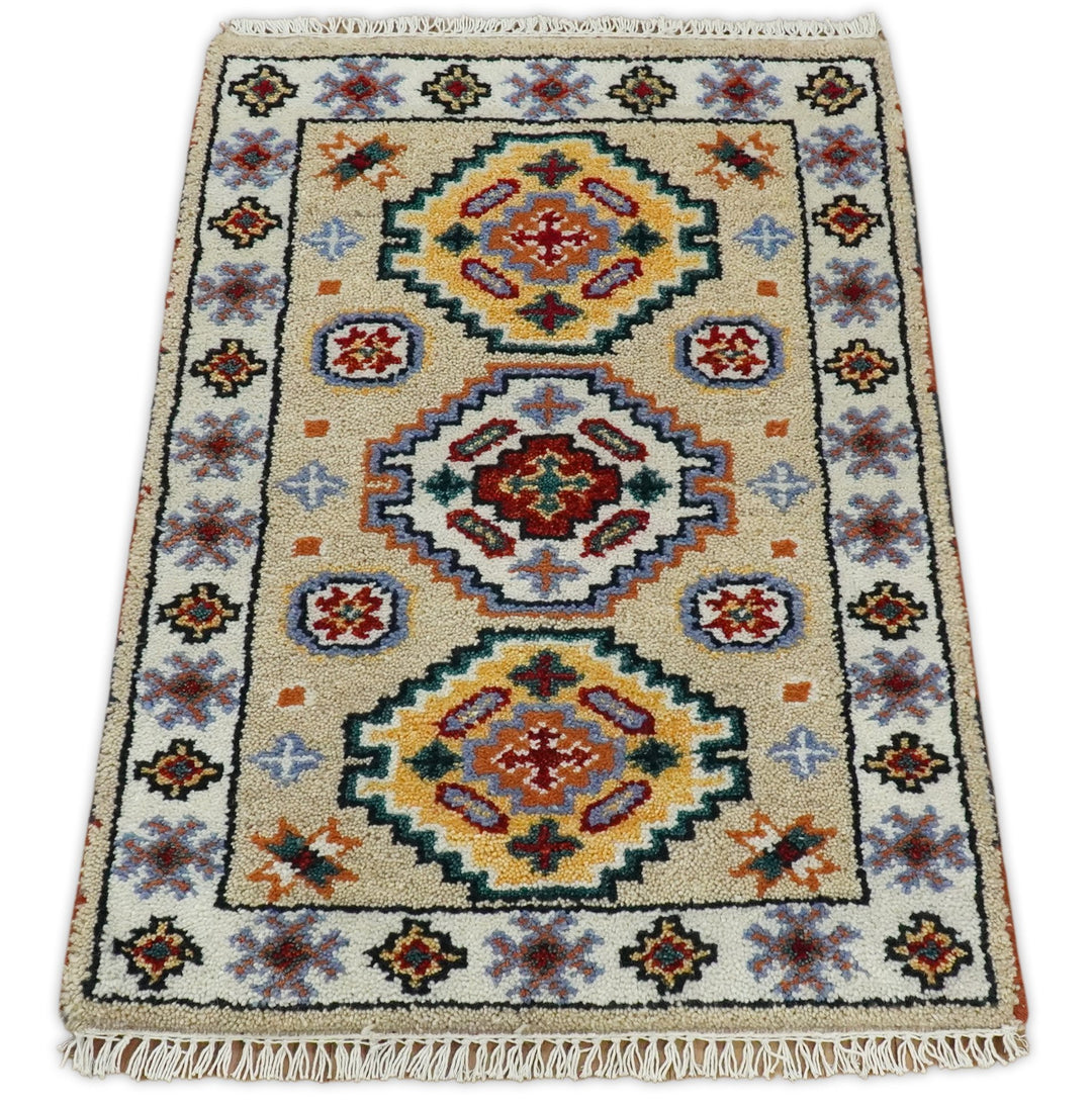 Small 2x3 Gray and Camel Wool Hand Knotted traditional Persian Vintage Antique Southwestern Kazak | TRDCP28123 - The Rug Decor