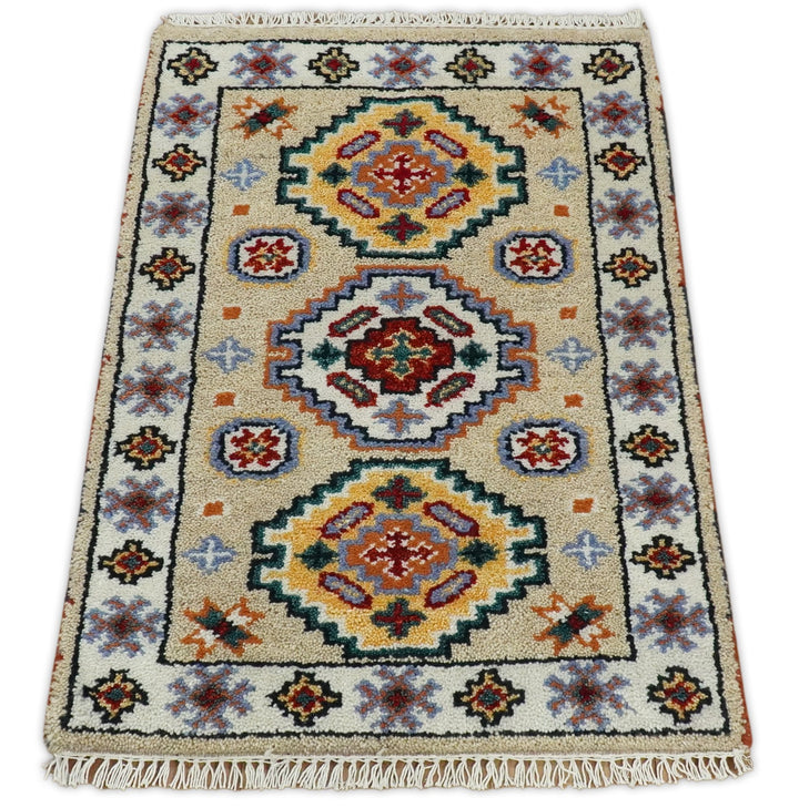 Small 2x3 Gray and Camel Wool Hand Knotted traditional Persian Vintage Antique Southwestern Kazak | TRDCP28123 - The Rug Decor