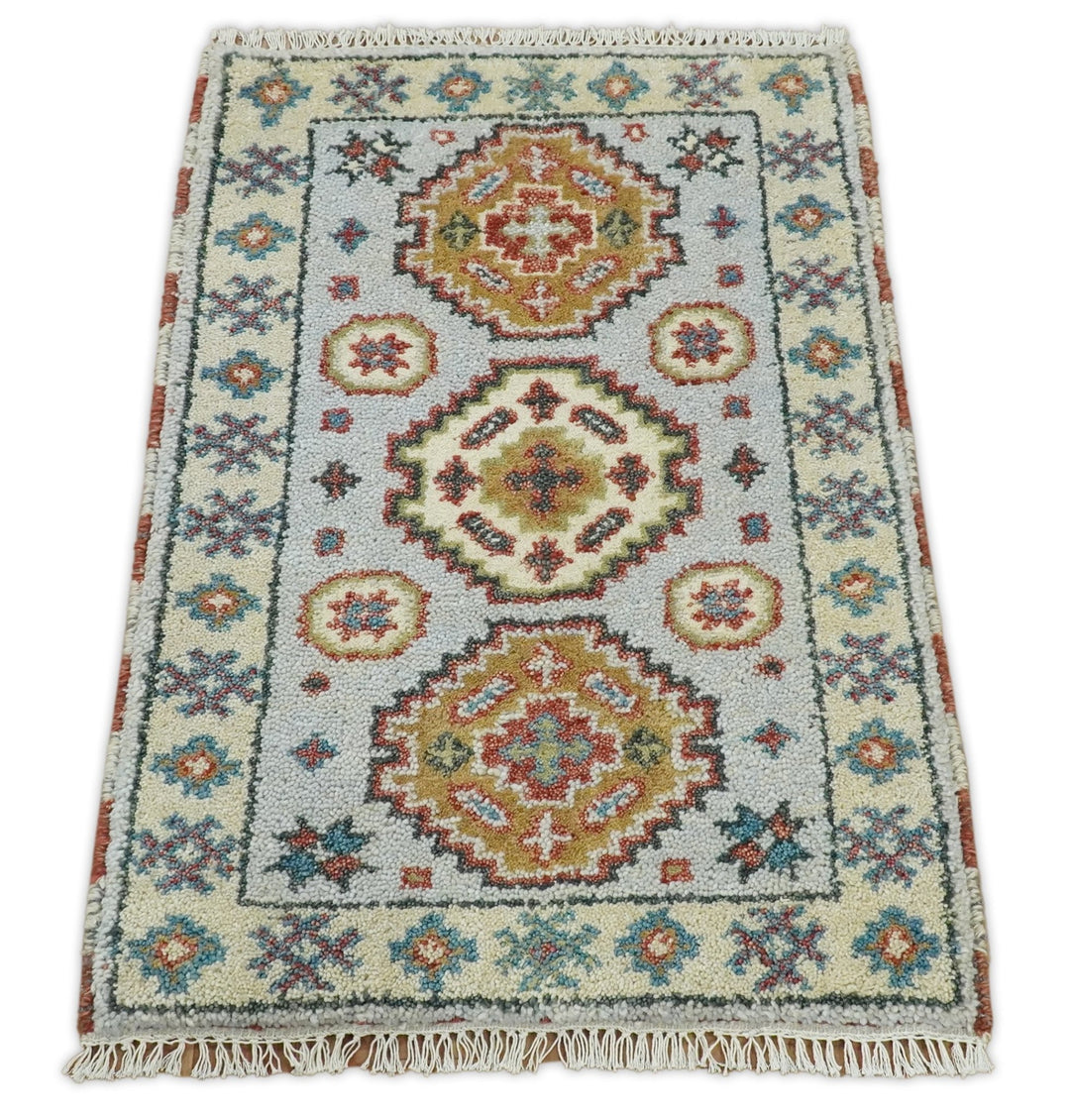 Small 2x3 Gray and Camel Wool Hand Knotted traditional Persian Vintage Antique Southwestern Kazak | TRDCP28123 - The Rug Decor