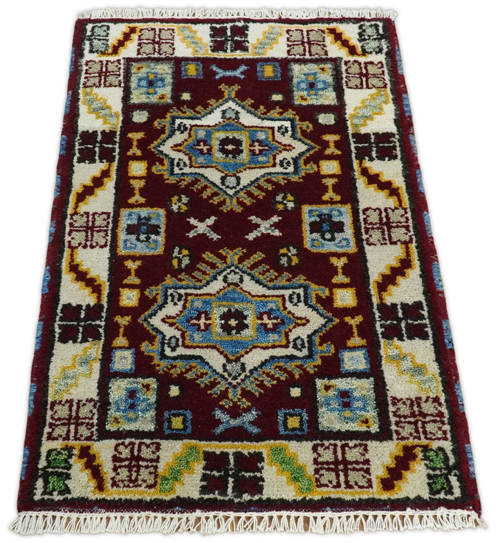 Small 2x3 Red and Beige Wool Hand Knotted traditional Persian Vintage Antique Southwestern Kazak | TRDCP20223 - The Rug Decor