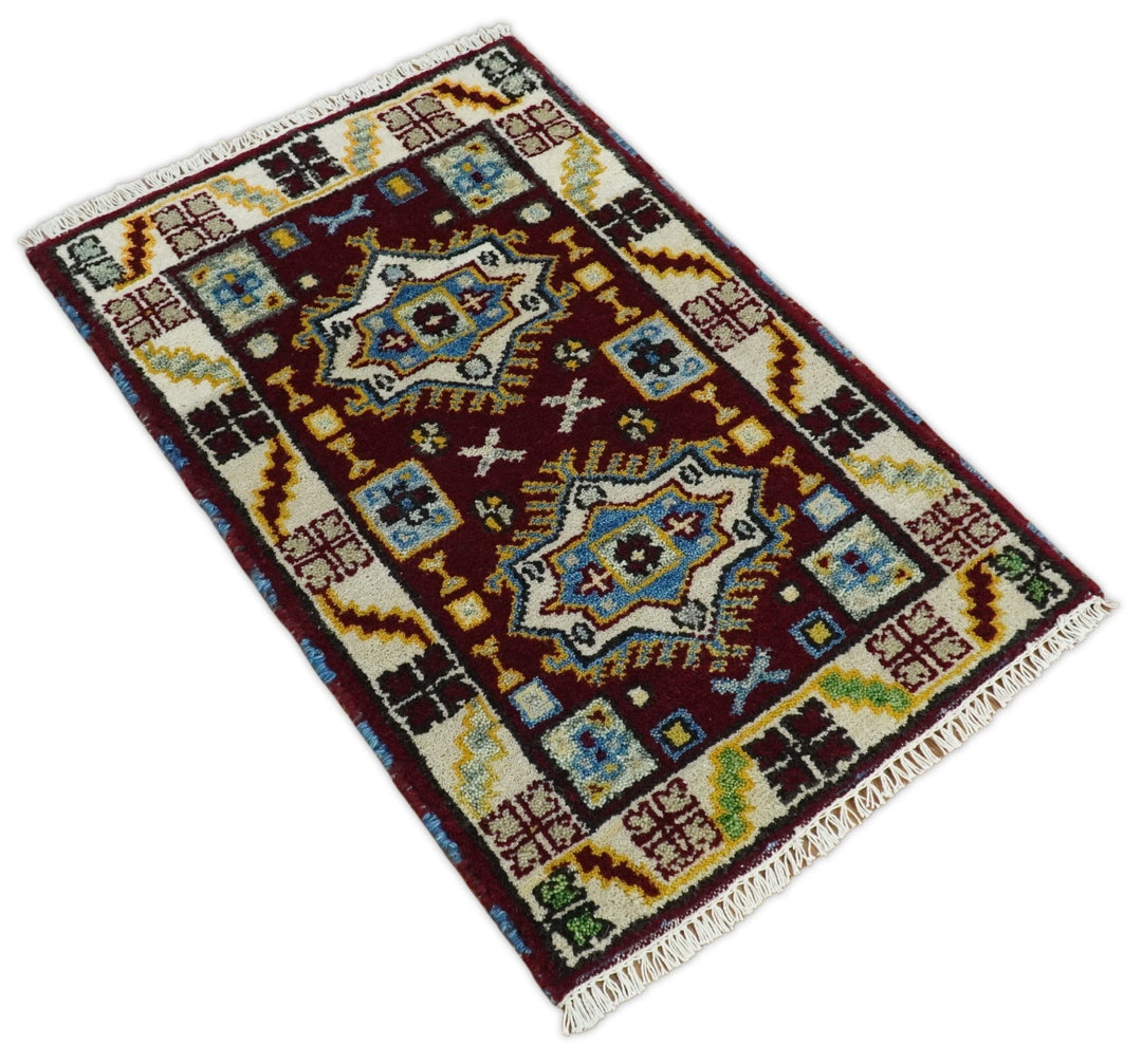 Small 2x3 Red and Beige Wool Hand Knotted traditional Persian Vintage Antique Southwestern Kazak | TRDCP20223 - The Rug Decor