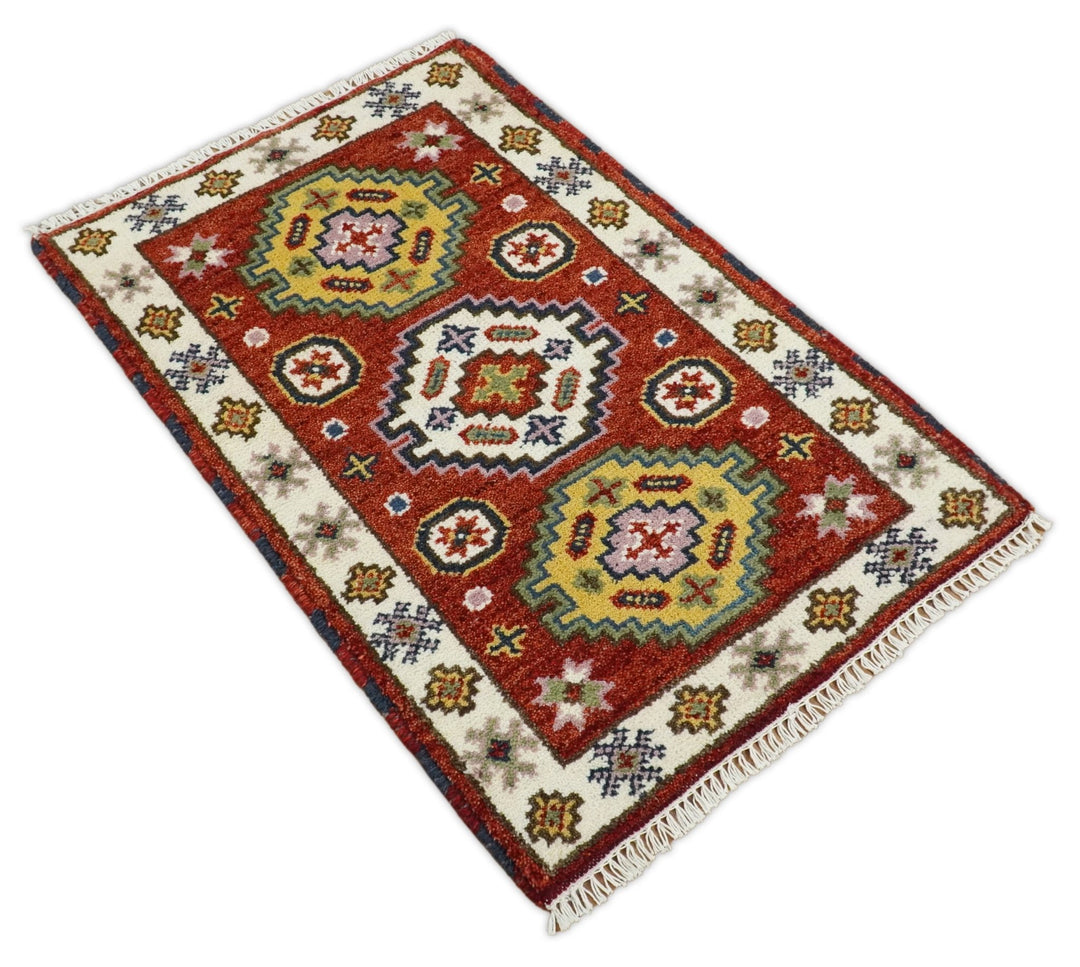 Small 2x3 Red and Ivory Wool Hand Knotted traditional Persian Vintage Antique Southwestern Kazak | TRDCP18323 - The Rug Decor