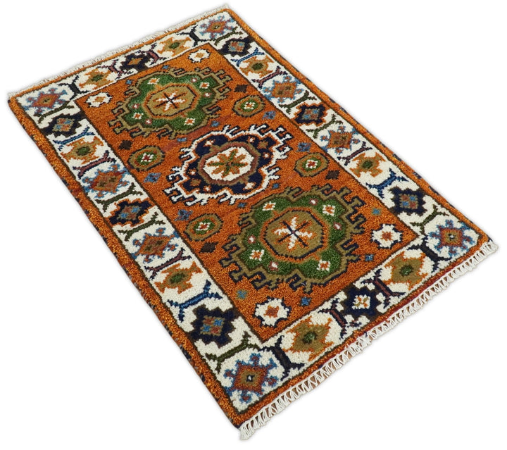 Small 2x3 Red and Ivory Wool Hand Knotted traditional Persian Vintage Antique Southwestern Kazak | TRDCP18323 - The Rug Decor