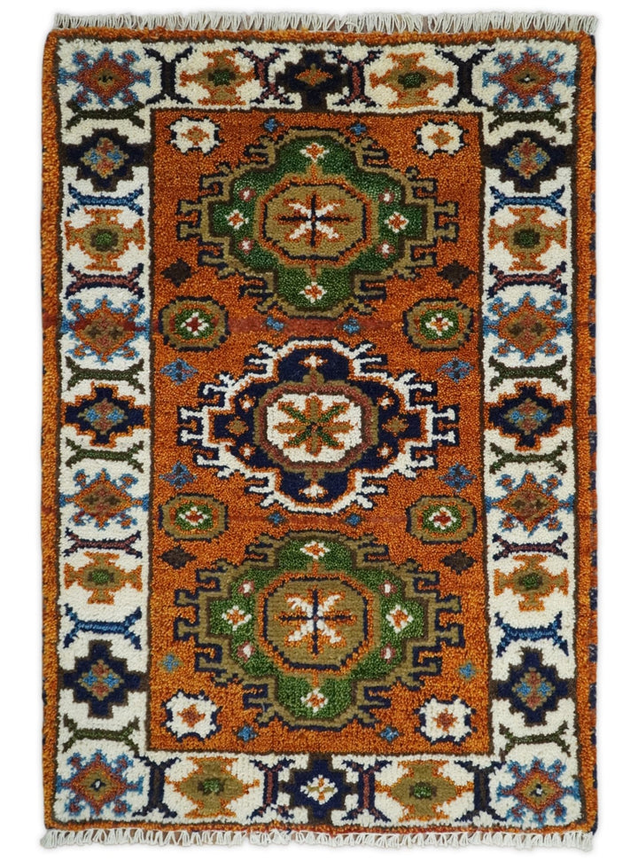 Small 2x3 Red and Ivory Wool Hand Knotted traditional Persian Vintage Antique Southwestern Kazak | TRDCP18323 - The Rug Decor