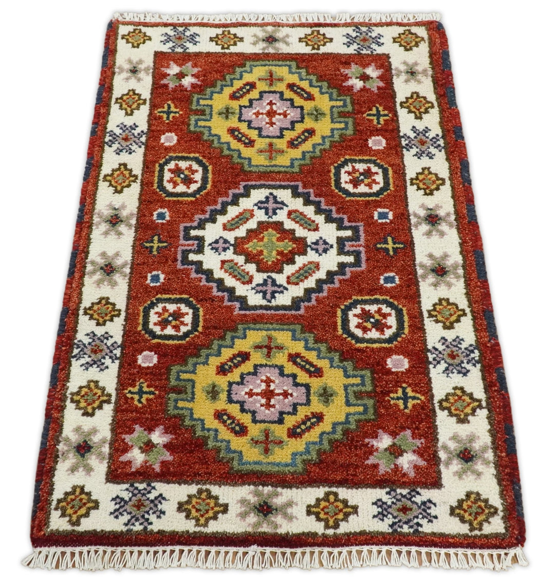 Small 2x3 Red and Ivory Wool Hand Knotted traditional Persian Vintage Antique Southwestern Kazak | TRDCP18323 - The Rug Decor