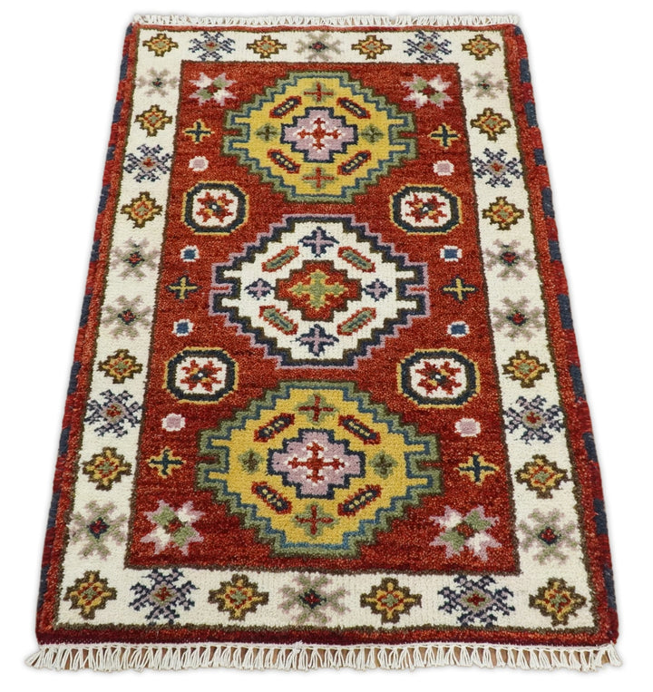 Small 2x3 Red and Ivory Wool Hand Knotted traditional Persian Vintage Antique Southwestern Kazak | TRDCP18323 - The Rug Decor