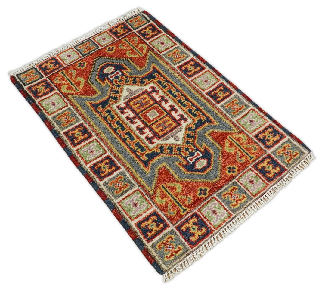 Small 2x3 Red and Ivory Wool Hand Knotted traditional Persian Vintage Antique Southwestern Kazak | TRDCP18923 - The Rug Decor