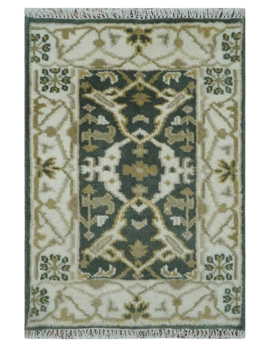 Small Entryway 2x3 Gray, Ivory and Beige Hand Knotted Oriental Oushak Wool Area Rug - The Rug Decor