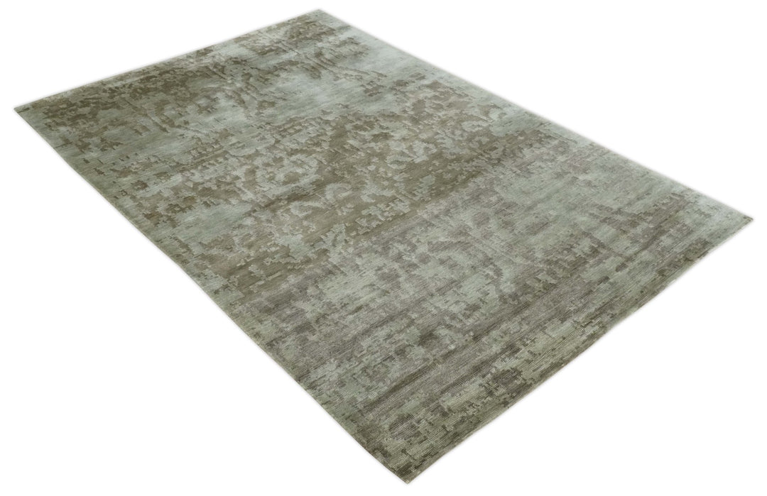 Soft and Cozy Modern Abstract Olive and Silver Hand knotted Bamboo Silk Area Rug - The Rug Decor