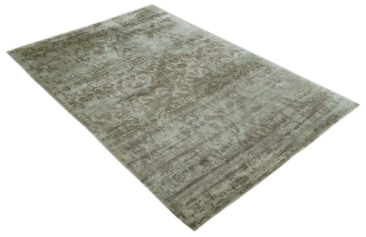 Soft and Cozy Modern Abstract Olive and Silver Hand knotted Bamboo Silk Area Rug - The Rug Decor