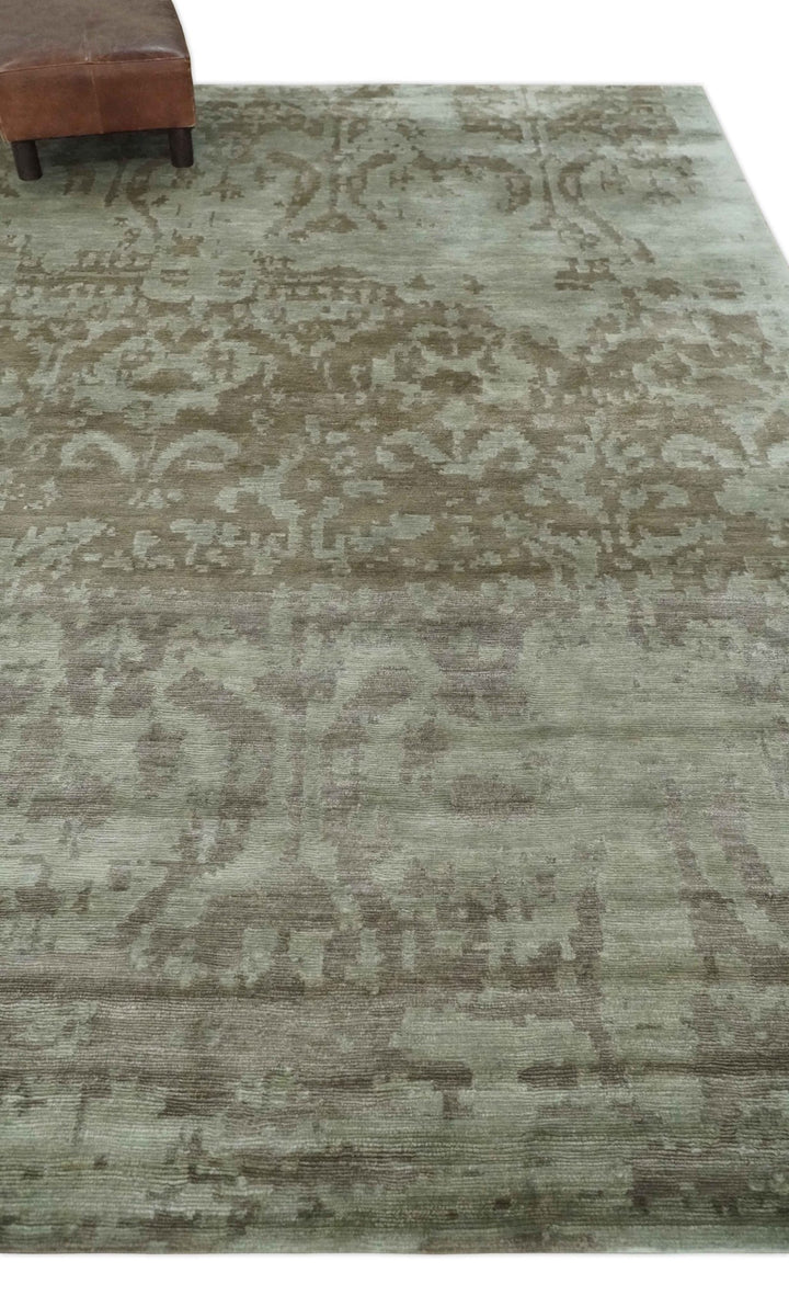 Soft and Cozy Modern Abstract Olive and Silver Hand knotted Bamboo Silk Area Rug - The Rug Decor
