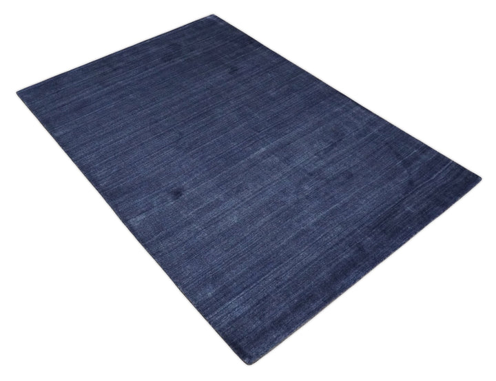 Solid Denim Blue Scandinavian 5x7 Blended Bamboo Silk Flatwoven Area Rug, Dinning, Kids Rug | HL46 - The Rug Decor