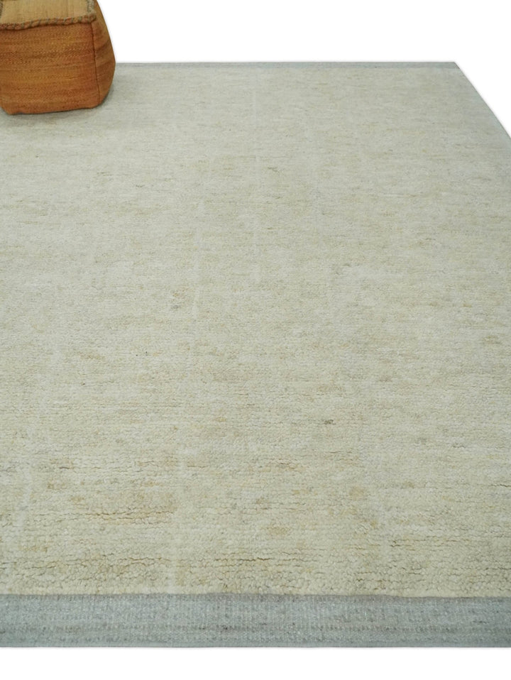 Solid plane Beige Hand Knotted 8.7x9.8 Wool Area Rug - The Rug Decor