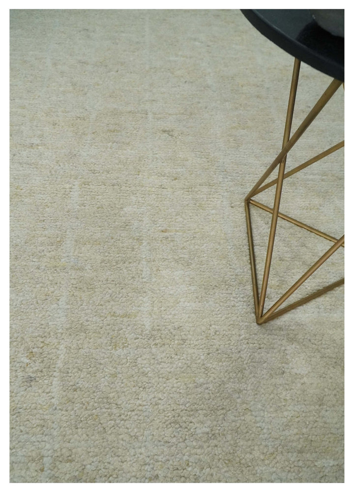 Solid plane Beige Hand Knotted 8.7x9.8 Wool Area Rug - The Rug Decor