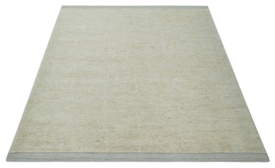 Solid plane Beige Hand Knotted 8.7x9.8 Wool Area Rug - The Rug Decor