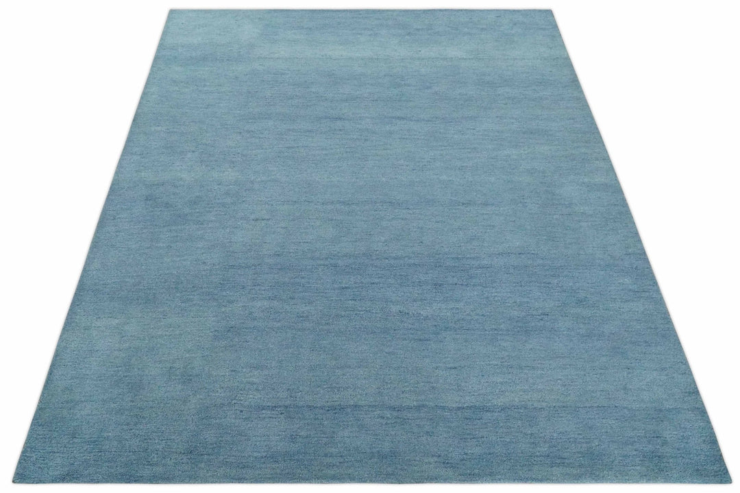 Solid Plane Light Blue Woolen Hand Tufted Southwestern Gabbeh 8x10 wool area Rug - The Rug Decor