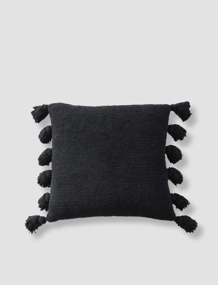 Solid Sahara Tan, Off White, Navy and Black 20x20 Inches Pom Pom Throw Pillow - The Rug Decor