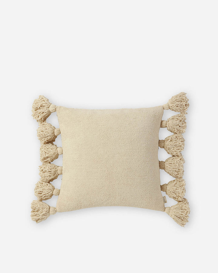 Solid Sahara Tan, Off White, Navy and Black 20x20 Inches Pom Pom Throw Pillow - The Rug Decor