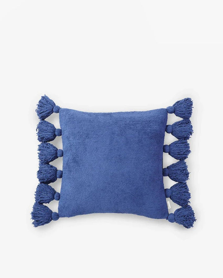 Solid Sahara Tan, Off White, Navy and Black 20x20 Inches Pom Pom Throw Pillow - The Rug Decor