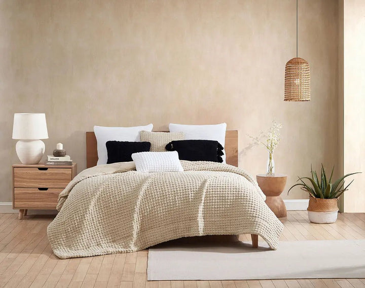 Solid Sahara Tan, Off White, Navy and Black 20x20 Inches Pom Pom Throw Pillow - The Rug Decor